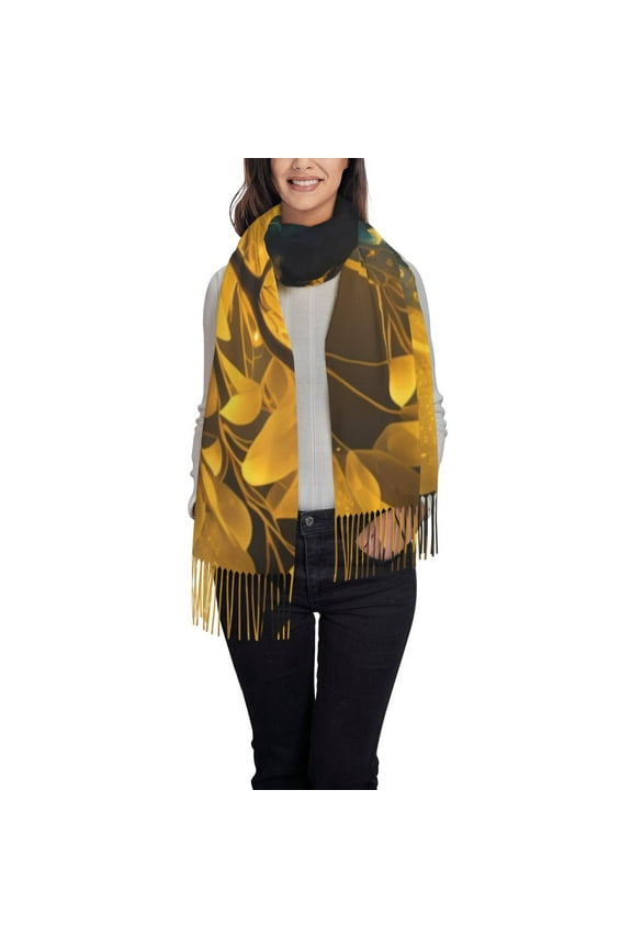 Elegant Gold Leaf Peacock Women's Traditional Scarf Wrap Tassel Shawl Fringes Neck Head Shawl Retro Scarf