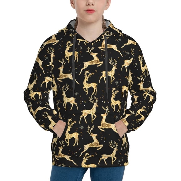 Rateoe Elegant Gold Moose Pattern Boys Hoodie, Youth Pullover Hooded Sweatshirt, Kangaroo Pocket Hoodie for Kids-Large