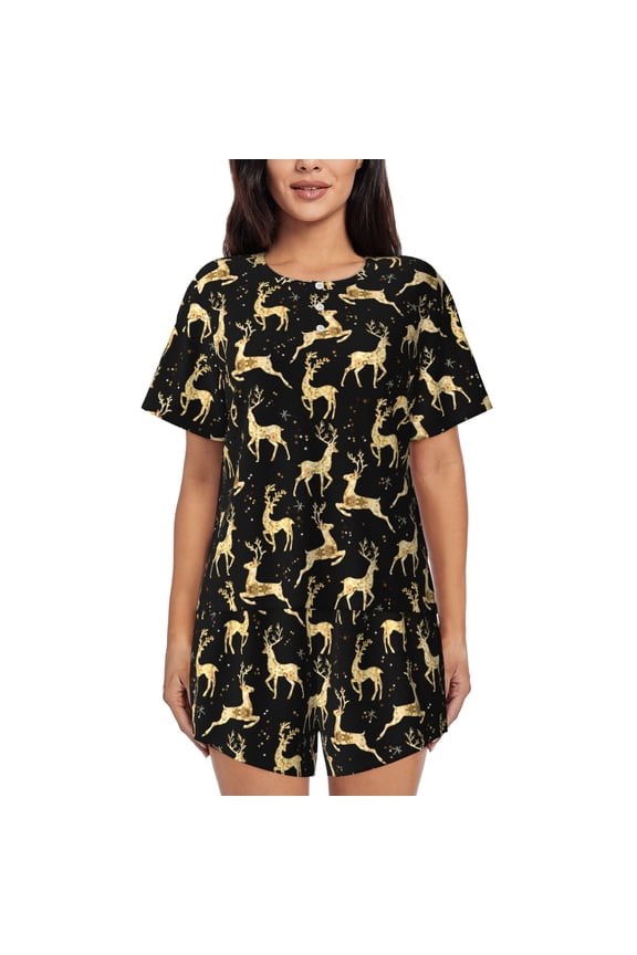 Elegant Gold Moose Pattern Women's Short-Sleeved Pajama Set - 2 Piece Soft and Lightweight Sleepwear Set-Large