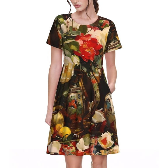 Rateoe Elegant Still Life Roses Pattern Women’s Short Sleeve Dress – Casual Elegant Summer A-Line Dress for Everyday Wear