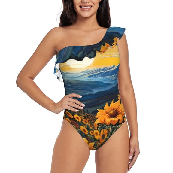 Rateoe Elegant Sunset Sunflower Pattern Women One Piece Swimsuits Tummy Control One Shoulder Bathing Suits Ruffle Swimwear-Medium
