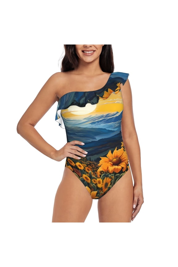 Elegant Sunset Sunflower Pattern Women One Piece Swimsuits Tummy Control One Shoulder Bathing Suits Ruffle Swimwear-Medium