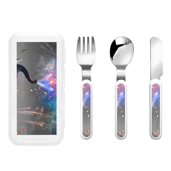 Rateoe Elephant Fireworks Celebration for Stainless Steel Kids Silverware Set - Child and Toddler Safe Flatware - Children's Knife, Fork And Spoon Set