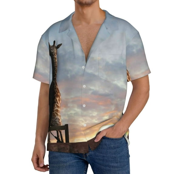 Rateoe Elephant Giraffe Pattern Men's Short Sleeve Classic Shirt, Casual Short-Sleeved Shirt, Lightweight Summer Shirt, Cuban Collar Shirt,Button-Front Shirt-3X-Large