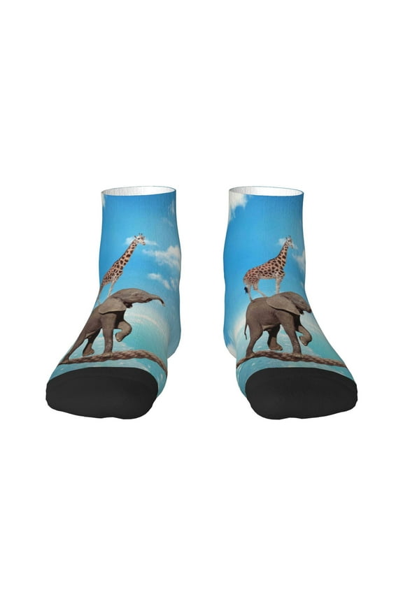 Elephant Giraffe Pattern Quarter Crew Socks,Toe Seamed Ankle Socks,Cotton Cushioned Breathable Athletic Crew Sports Socks