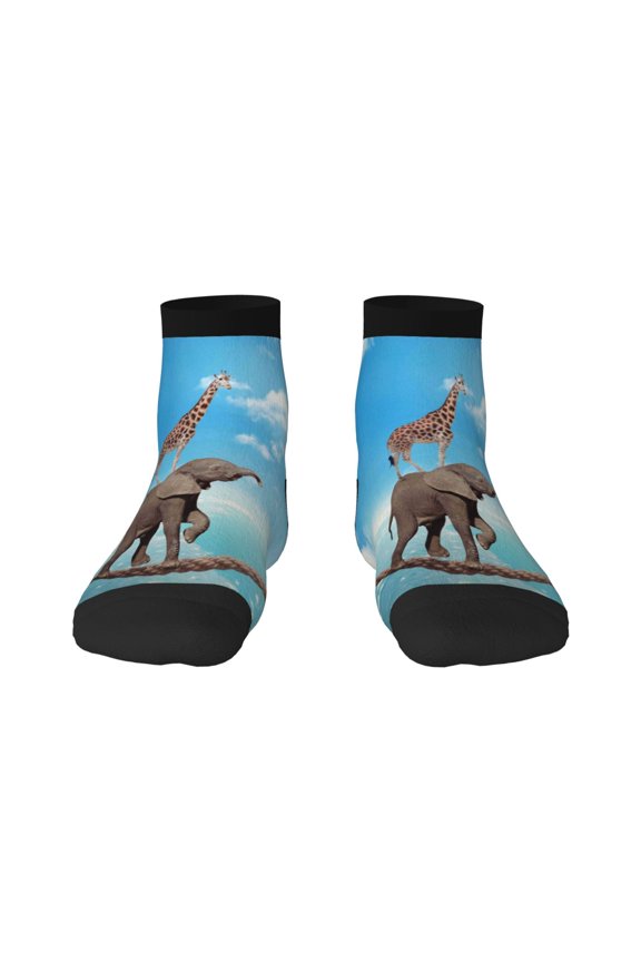 Elephant Giraffe Pattern Quarter Crew Socks,Toe Seamed Ankle Socks,Cotton Cushioned Breathable Athletic Crew Sports Socks