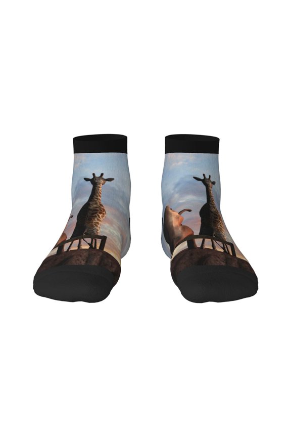 Elephant Giraffe Pattern Quarter Crew Socks,Toe Seamed Ankle Socks,Cotton Cushioned Breathable Athletic Crew Sports Socks