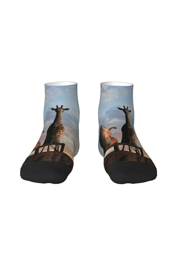 Elephant Giraffe Pattern Quarter Crew Socks,Toe Seamed Ankle Socks,Cotton Cushioned Breathable Athletic Crew Sports Socks