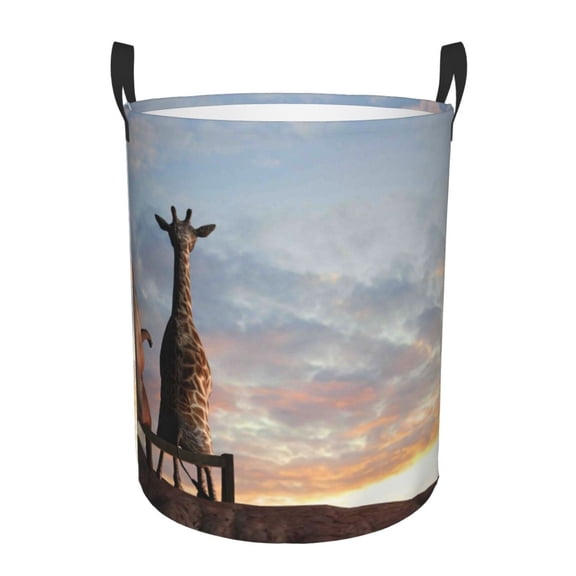 Rateoe Elephant Giraffe Pattern Round Laundry Hamper Basket, Tall Hamper Basket for Blanket Storage, Nursery Clothes Hamper for Laundry in Bedroom and College Dorm-Medium