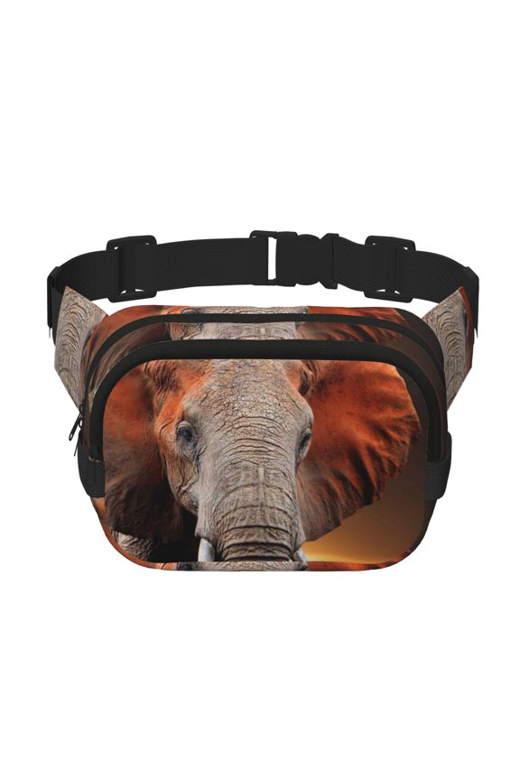 Elephant Sunset in Kenya Print Fanny Pack Belt Bag for Women and Men, Square Double-Layer Waterproof Waist Pack with Adjustable Strap for Hiking, Jogging, Cycling