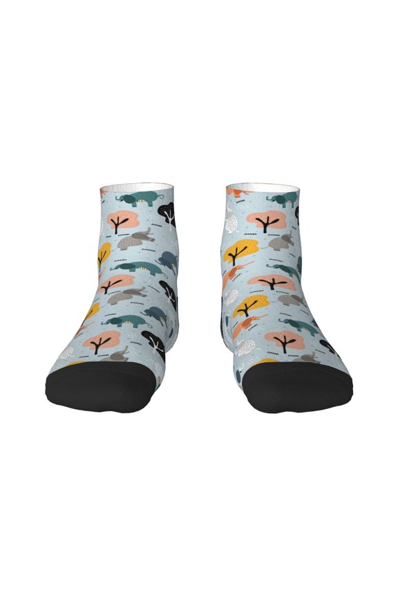 Elephant Tree Pattern Quarter Crew Socks,Toe Seamed Ankle Socks,Cotton Cushioned Breathable Athletic Crew Sports Socks
