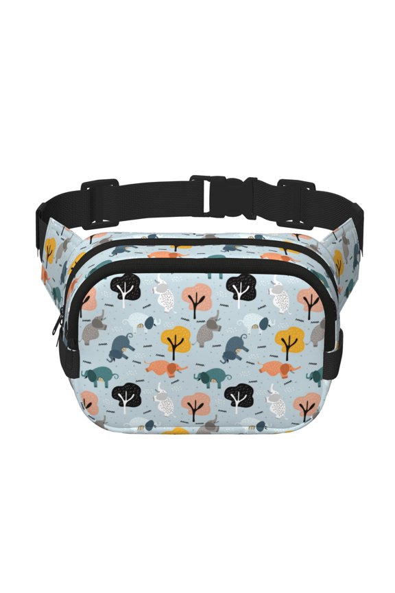 Elephant Tree Print Fanny Pack Belt Bag for Women and Men, Square Double-Layer Waterproof Waist Pack with Adjustable Strap for Hiking, Jogging, Cycling