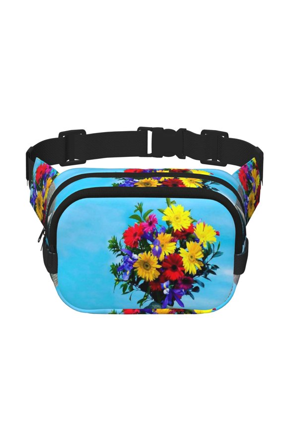 Elephant Trunk Couple Flowers Print Fanny Pack Belt Bag for Women and Men, Square Double-Layer Waterproof Waist Pack with Adjustable Strap for Hiking, Jogging, Cycling