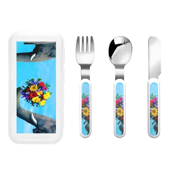 Rateoe Elephant Trunk Couple Flowers for Stainless Steel Kids Silverware Set - Child and Toddler Safe Flatware - Children's Knife, Fork And Spoon Set