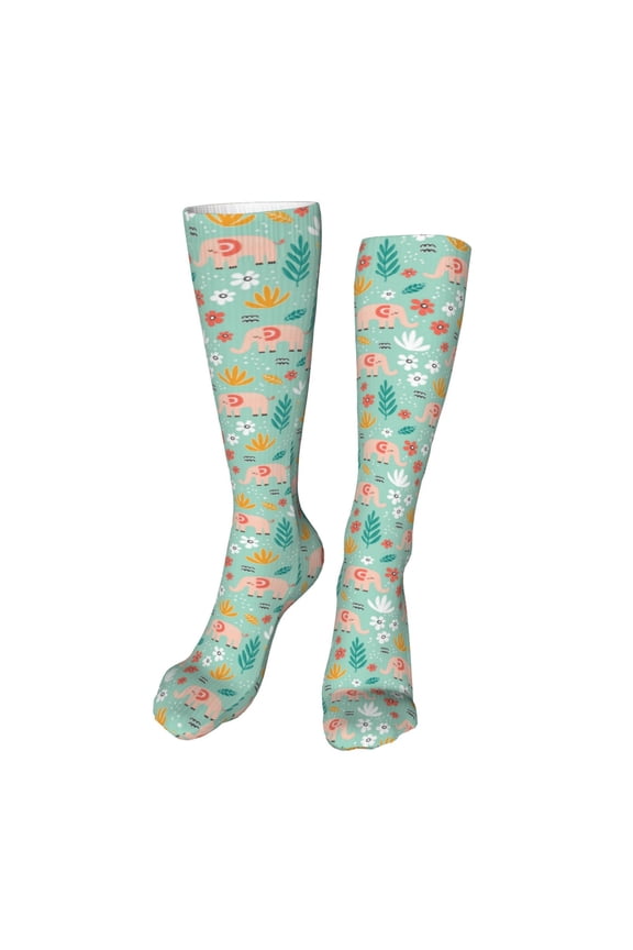 Elephant and Flowers print Women's Men's Novelty 20in Crew Socks Cotton Socks Knee High Socks for Walking,Running,Nurses,Pregnancy-One Size