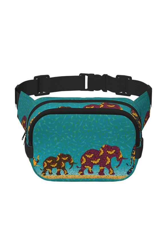 Elephants Print Fanny Pack Belt Bag for Women and Men, Square Double-Layer Waterproof Waist Pack with Adjustable Strap for Hiking, Jogging, Cycling