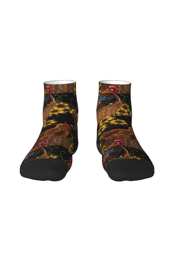 Embroidery Chicken Rooster Pattern Quarter Crew Socks,Toe Seamed Ankle Socks,Cotton Cushioned Breathable Athletic Crew Sports Socks