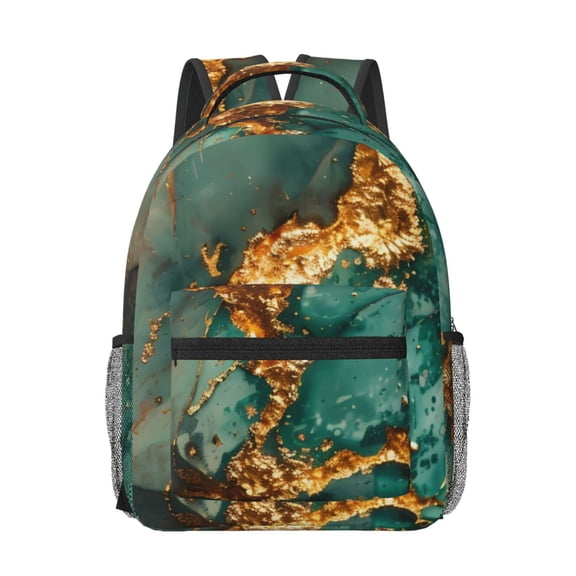 Rateoe Emerald Color Gold Marble Pattern Durable Student Backpack Laptop Bag- Ergonomic Design, Waterproof Twill Fabric - Ideal for School, Travel, and Outdoor Activities-One Size