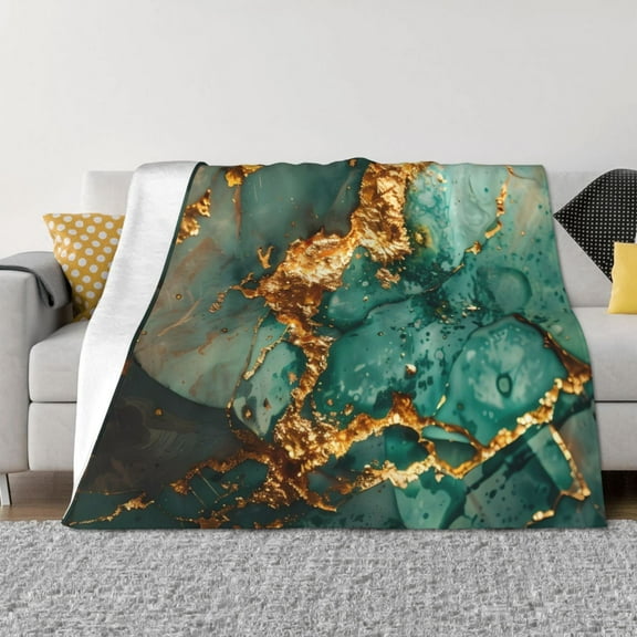 Rateoe Emerald Color Gold Marble Pattern Flannel Throw Blanket, Ultra-soft Blanket for Bed, Couch, Car, Hypoallergenic Anti-pilling blanket-80"x60"(Horizontal)