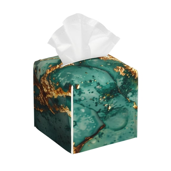 Rateoe Emerald Color Gold Marble Pattern Tissue Box Cover, Modern Square Decorative Leather Facial Paper Case Organizer Holder Dispenser 5X5X5''