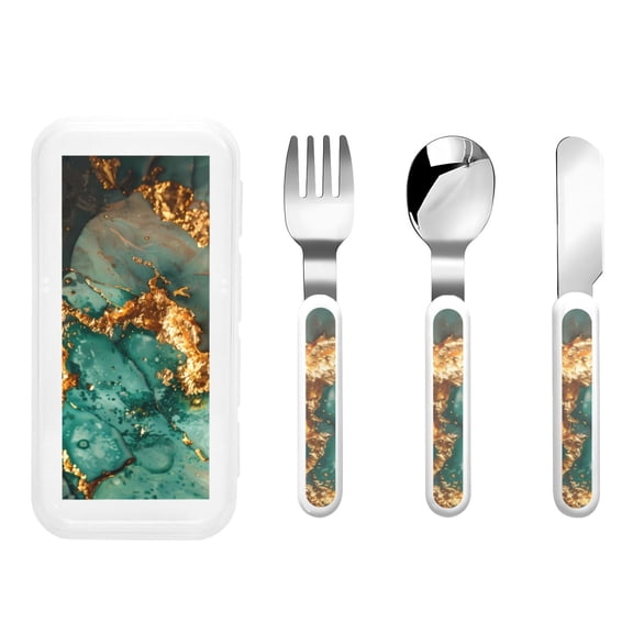 Rateoe Emerald Color Gold Marble for Stainless Steel Kids Silverware Set - Child and Toddler Safe Flatware - Children's Knife, Fork And Spoon Set