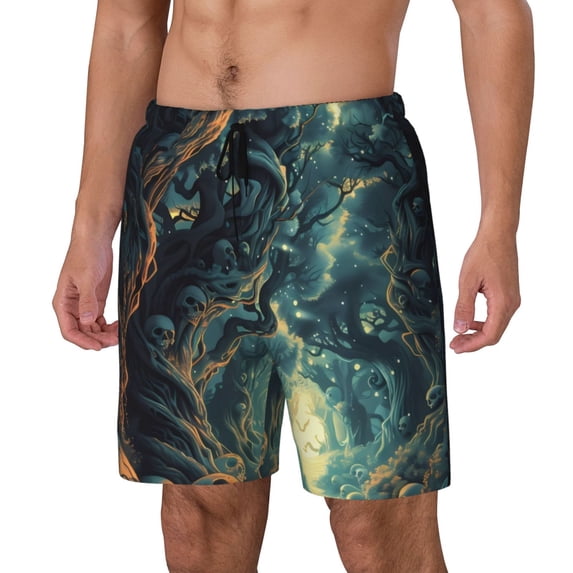 Rateoe Enchanted Forest Skull Path Pattern Men’s Swim Shorts with Compression Liner – Double-Layered Quick-Dry Swimwear, Comfortable & Stretchy Beach Shorts-Large