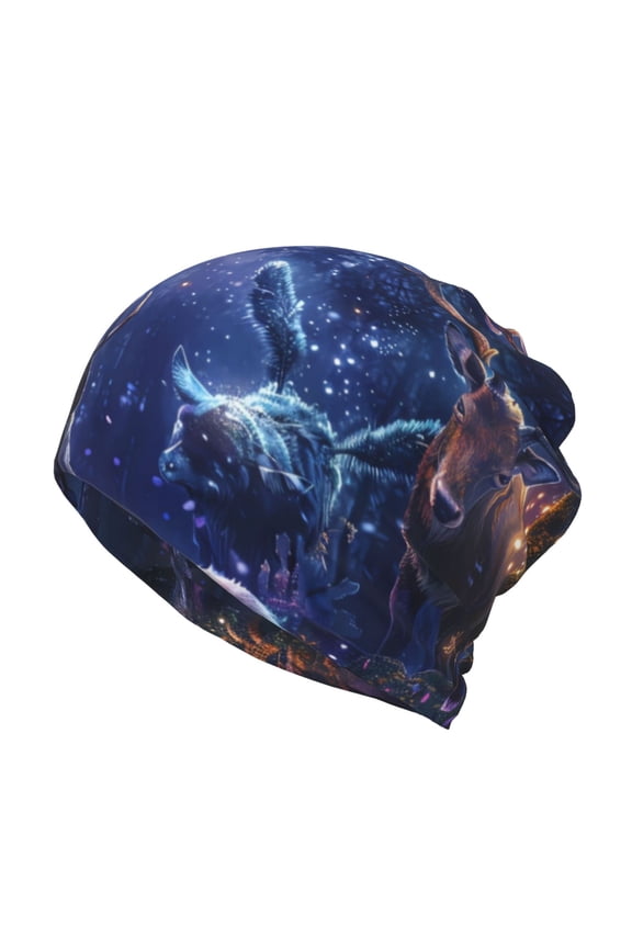Enchanted Forest Stag Gathering Cotton Slouchy Beanie Hat for Men/Women,Lightweight Oversize Large Thin Skull Cap Night Sleeping Cap
