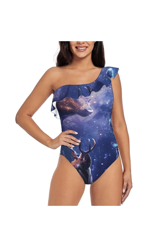 Enchanted Forest Stag Gathering Pattern Women One Piece Swimsuits Tummy Control One Shoulder Bathing Suits Ruffle Swimwear-Medium