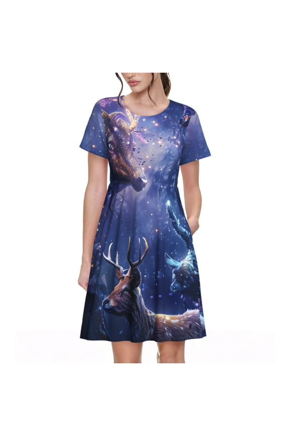 Enchanted Forest Stag Gathering Pattern Women’s Short Sleeve Dress – Casual Elegant Summer A-Line Dress for Everyday Wear