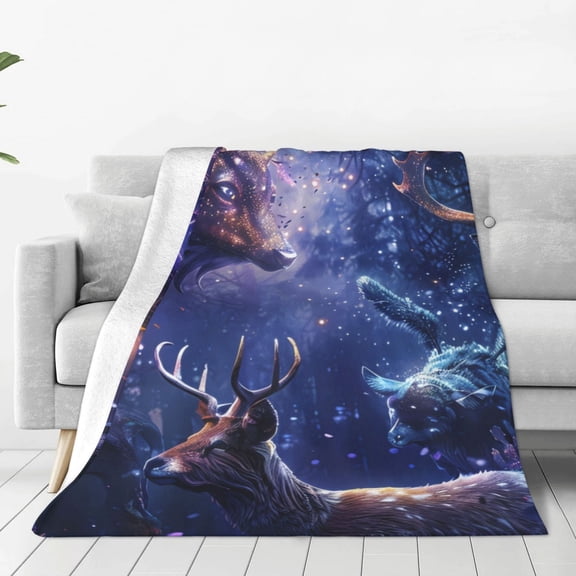 Rateoe Enchanted Forest Stag Gathering Print Fuzzy Fleece Throw Blanket Extra Large,Super Soft,Fluffy and Warm Blankets for Couch,Bed,All Season Use (60"x50")