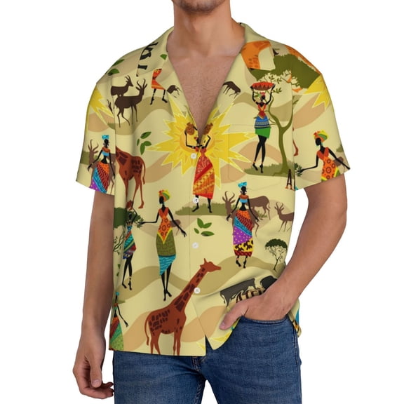 Rateoe Ethnic African Pattern Men's Short Sleeve Classic Shirt, Casual Short-Sleeved Shirt, Lightweight Summer Shirt, Cuban Collar Shirt,Button-Front Shirt-Medium