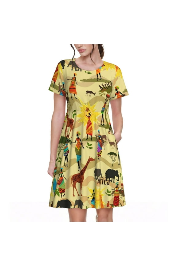 Ethnic African Pattern Women’s Short Sleeve Dress – Casual Elegant Summer A-Line Dress for Everyday Wear