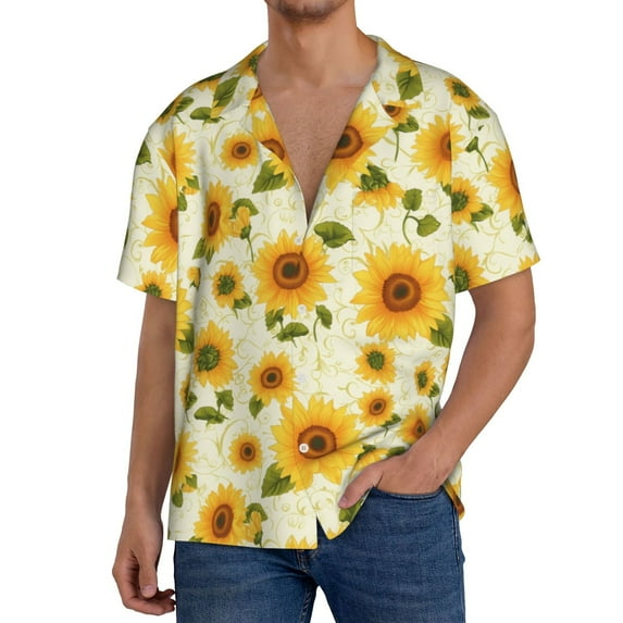 Rateoe European-style Pattern Sunflower Pattern Men's Short Sleeve Classic Shirt, Casual Short-Sleeved Shirt, Lightweight Summer Shirt, Cuban Collar Shirt,Button-Front Shirt-XX-Large