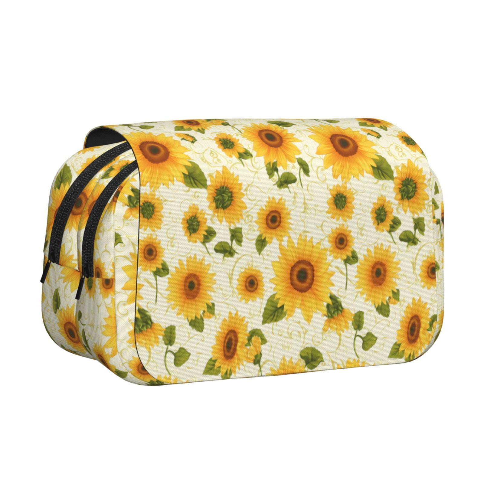 Rateoe European-style Pattern Sunflower Pattern Double Clamshell Pen Case, Storage Organizer with Two Zipper Compartments– Holds Up to 50 Pencils & Pens