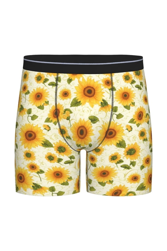 European-style Pattern Sunflower Print Men’s Underwear Boxer Briefs Soft Comfortable Underwear Boxer Briefs, Long Leg Briefs,Anti-chafing Boxer Briefs