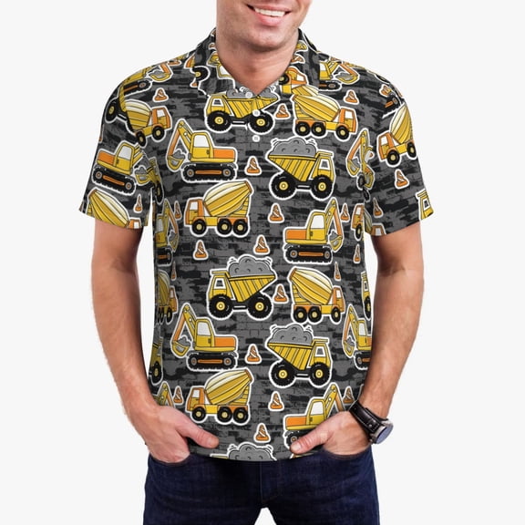Rateoe Excavator At Work Pattern Men's Short Sleeve Polo Shirts, Golf Polo Shirts Short Sleeve Performance Moisture Wicking Dry-X-Large