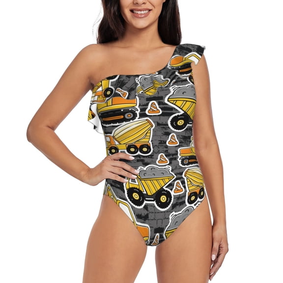 Rateoe Excavator At Work Pattern Women One Piece Swimsuits Tummy Control One Shoulder Bathing Suits Ruffle Swimwear-X-Large