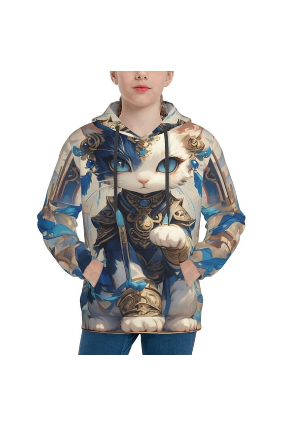 Exotic Blue Cat Pattern Boys Hoodie, Youth Pullover Hooded Sweatshirt, Kangaroo Pocket Hoodie for Kids-Small