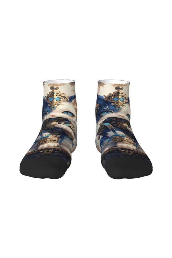 Exotic Blue Cat Pattern Quarter Crew Socks,Toe Seamed Ankle Socks,Cotton Cushioned Breathable Athletic Crew Sports Socks