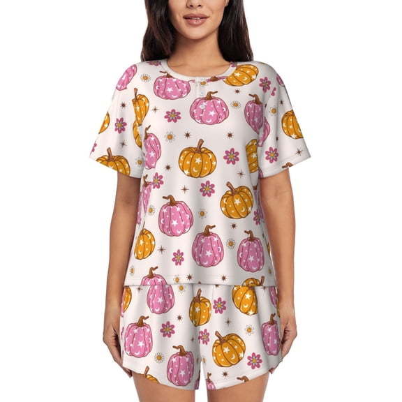 Rateoe Fall 70s Groovy Hippie 1 Pattern Women's Short-Sleeved Pajama Set - 2 Piece Soft and Lightweight Sleepwear Set-Medium