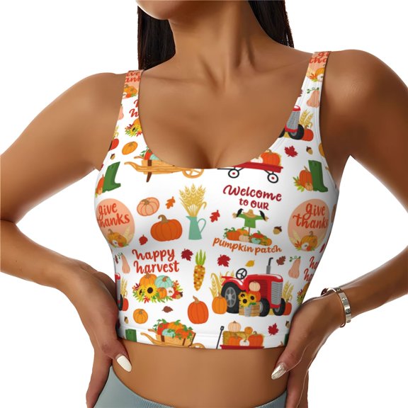 Rateoe Fall Farm Pumpkin Print Womens' Sports Bras Scoop Neck Sports Vest- Padded U Back Seamless High Impact Support-