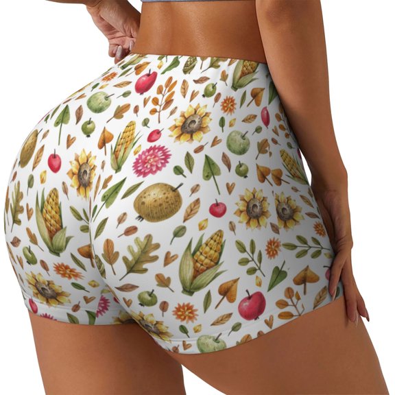 Rateoe Fall Fruits And Vegetables Printed Power Workout Shorts for Women Tummy Control Squat Proof Ribbed Thick Seamless Scrunch Active Short-Medium