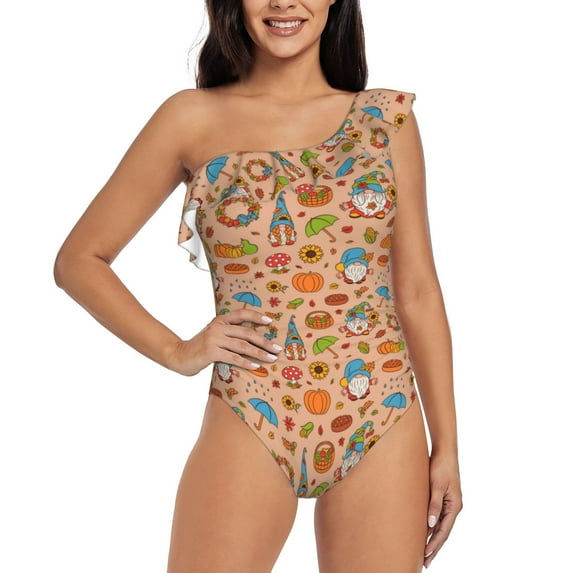 Rateoe Fall Gnomes1 Pattern Women One Piece Swimsuits Tummy Control One Shoulder Bathing Suits Ruffle Swimwear-Small