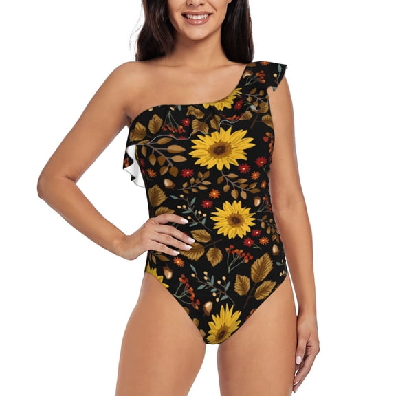 Rateoe Fall Sunflowers Leaves Pattern Women One Piece Swimsuits Tummy Control One Shoulder Bathing Suits Ruffle Swimwear-