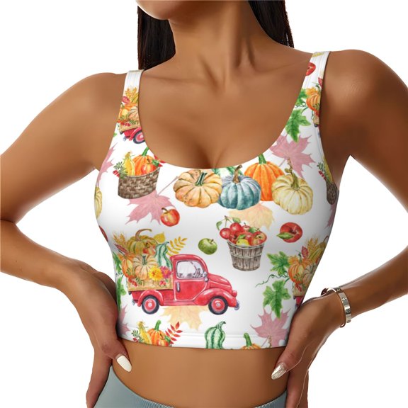 Rateoe Fall harvest truck pumpkin Print Womens' Sports Bras Scoop Neck Sports Vest- Padded U Back Seamless High Impact Support-