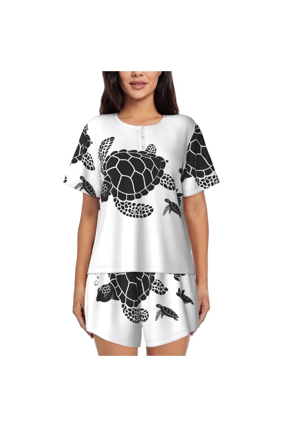 Family Of Sea Turtles Pattern Women's Short-Sleeved Pajama Set - 2 Piece Soft and Lightweight Sleepwear Set-Medium