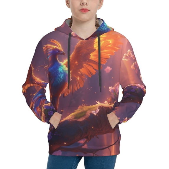 Rateoe Fantasy Bird Illustration Pattern Boys Hoodie, Youth Pullover Hooded Sweatshirt, Kangaroo Pocket Hoodie for Kids-X-Large