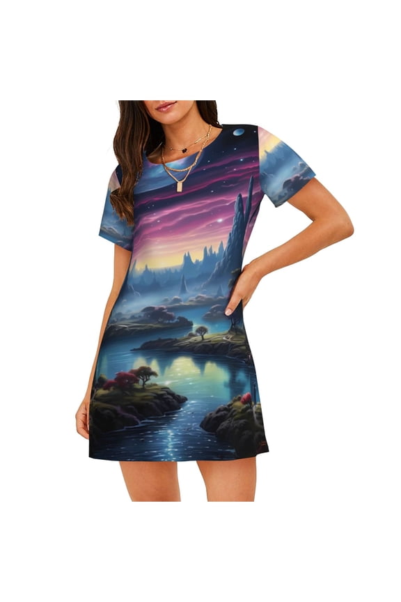 Fantasy Landscape Starry Night Print Women’s Nightdress – Cozy Cotton Short-sleeved Sleep Shirt, Loose-Fit Sleepwear, Perfect for Relaxing and Sleeping