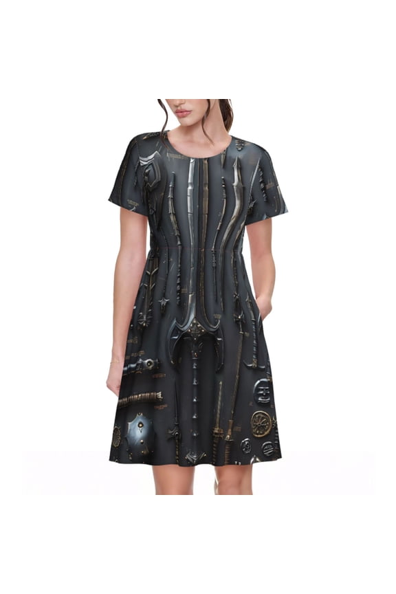 Fantasy Medieval Weaponry Pattern Women’s Short Sleeve Dress – Casual Elegant Summer A-Line Dress for Everyday Wear