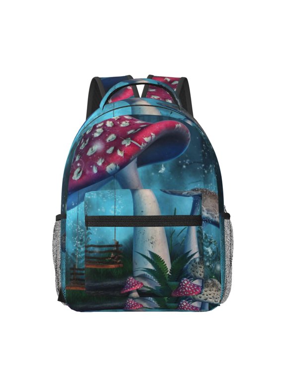 Fantasy Mushrooms Pattern Durable Student Backpack Laptop Bag- Ergonomic Design, Waterproof Twill Fabric - Ideal for School, Travel, and Outdoor Activities